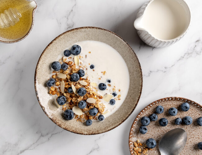 the best lactose-free milks: a bowl of granola with milk