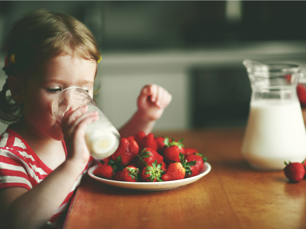 A little girl drinks milk and eats strawberries