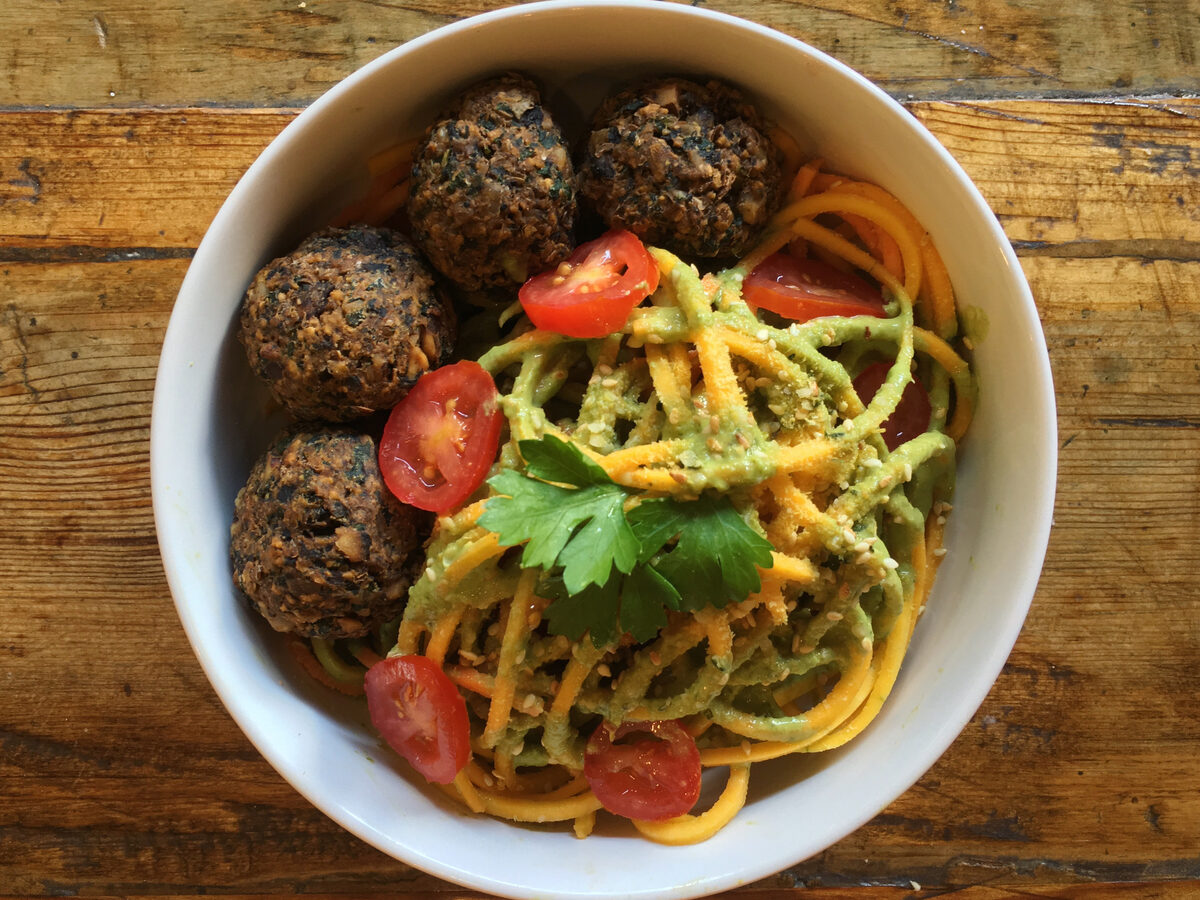 Yellow Squash Noodles with Meatballs and Olive Tapenade