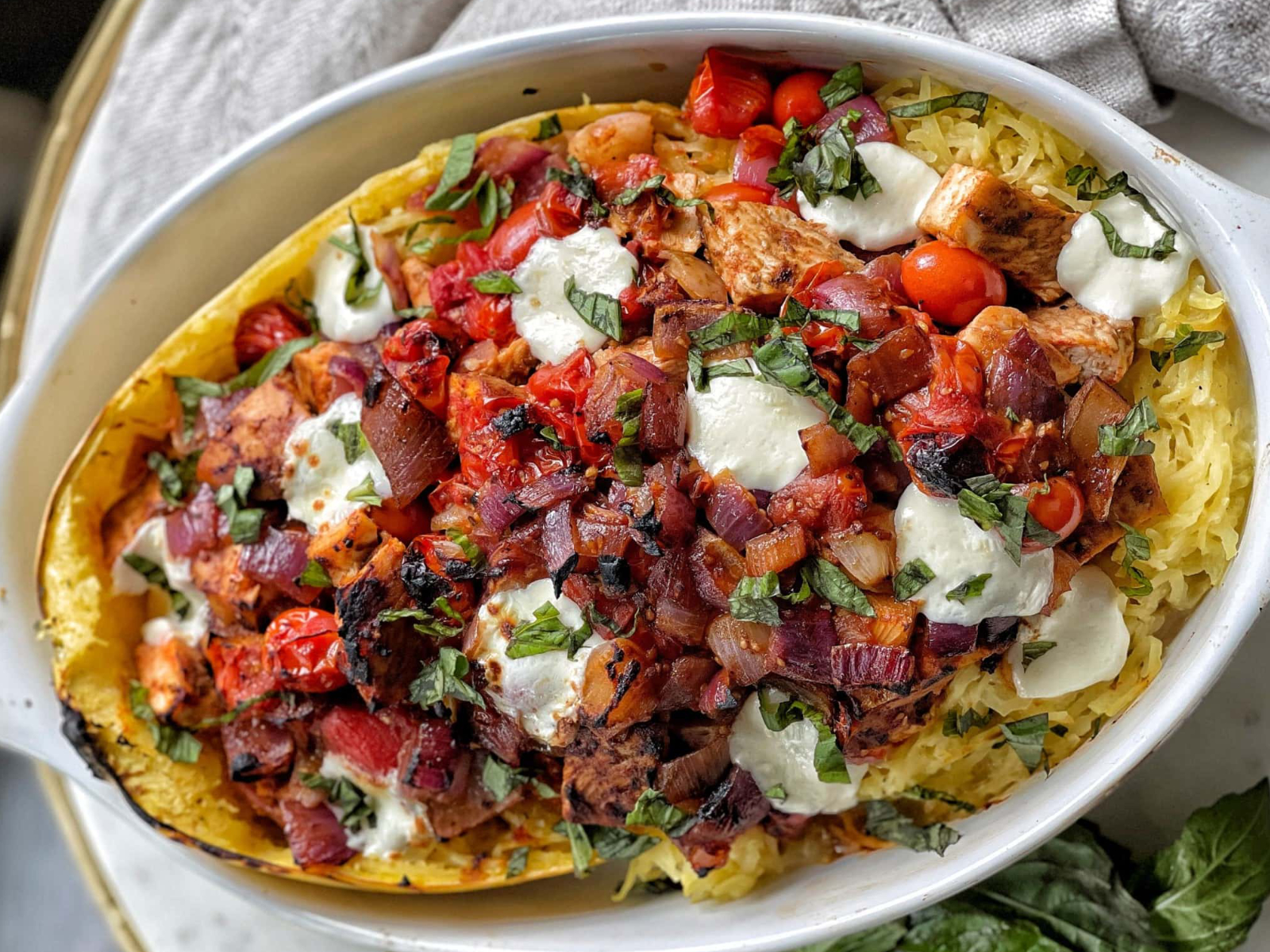 Spaghetti Squash with Chicken and Roasted Tomatoes