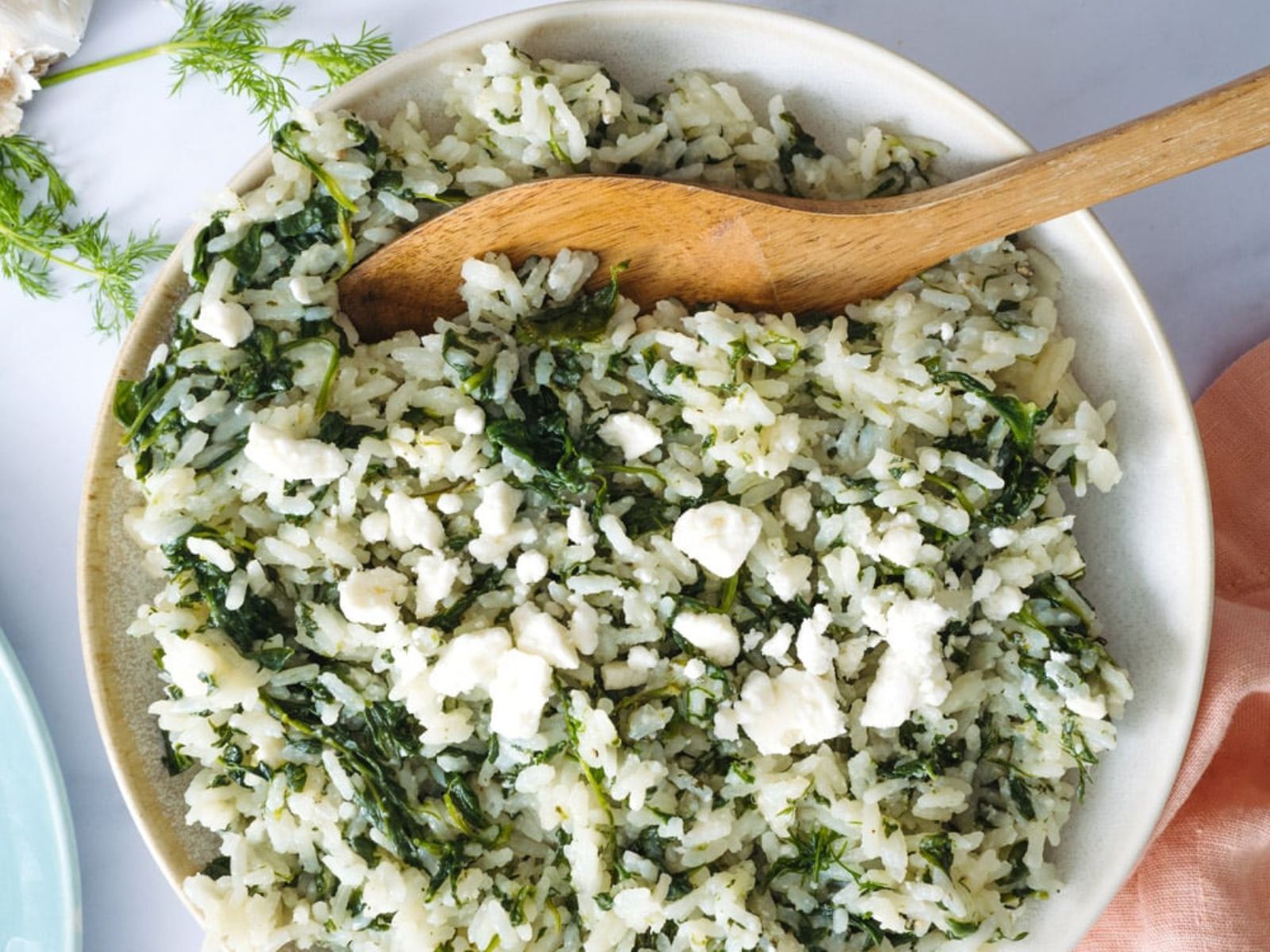 fresh spinach recipes: spinach rice with feta recipe