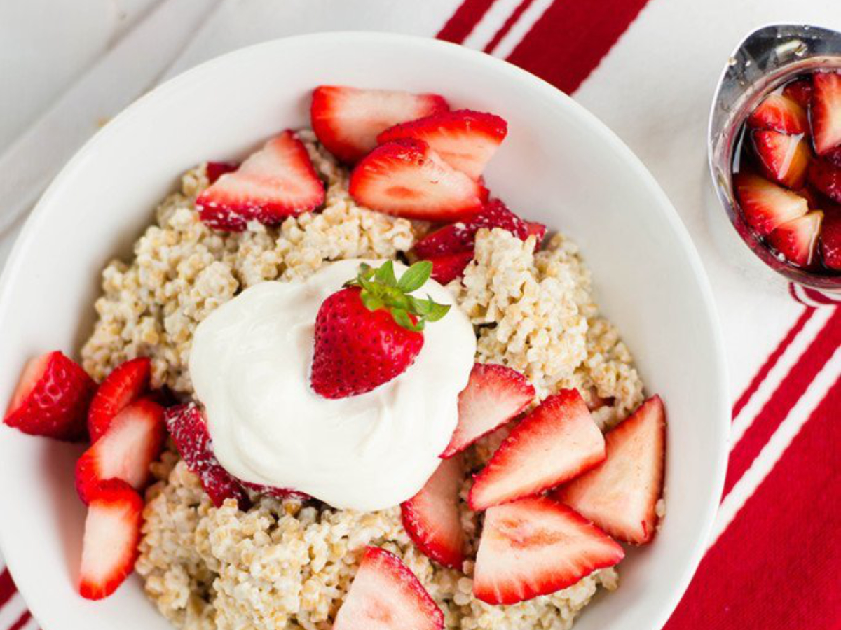 strawberries and cream oatmeal in a bowl
