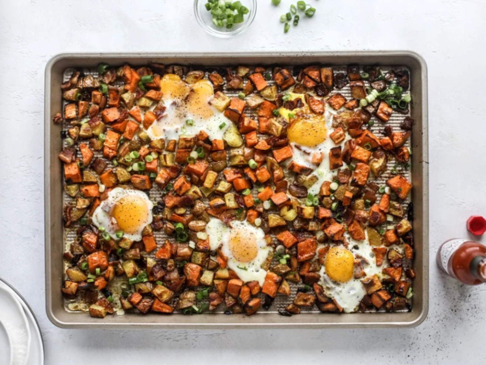 sweet potato fall sheet pan for breakfast with eggs