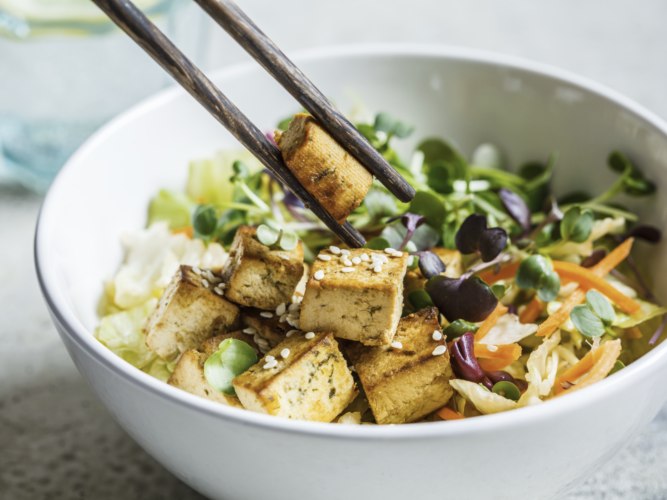 cooked tofu in a bowl with vegetables and rice