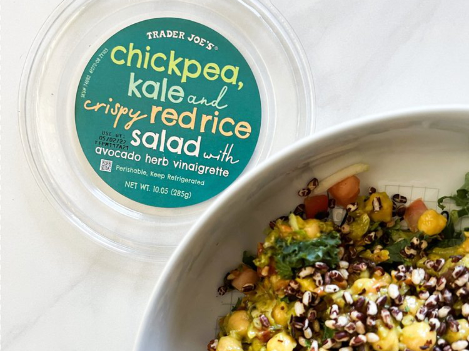chickpea kale red rice salad from trader joe's in a bowl