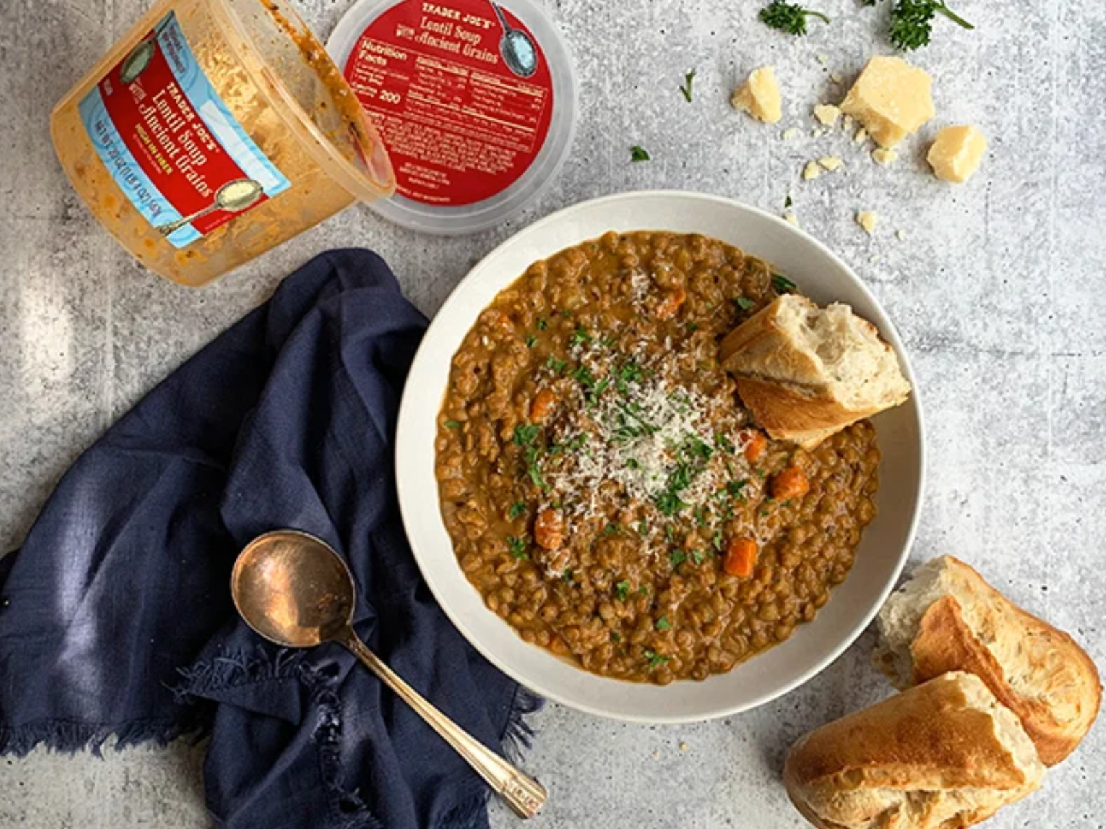 trader joes lentil soup ancient grains in a bowl and bread