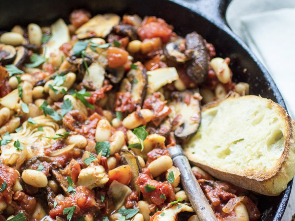 tuscan bean skillet with bread made with pantry staples
